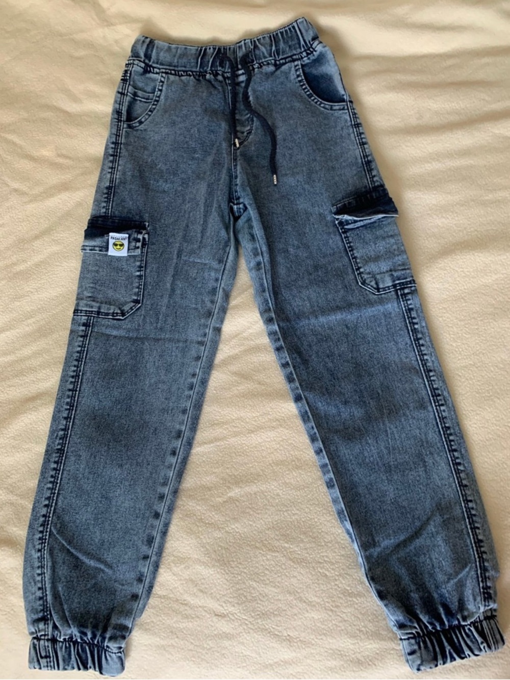 Kids Denim Cargo Joggers in Faded Blue